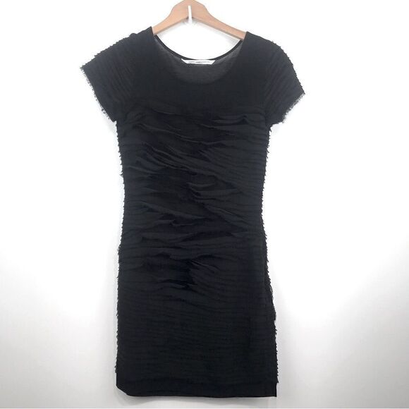 Diane Von Furstenberg Black Chiffon Tiered Ruffle Short Sleeve Stretch Dress - Picture 1 of 10